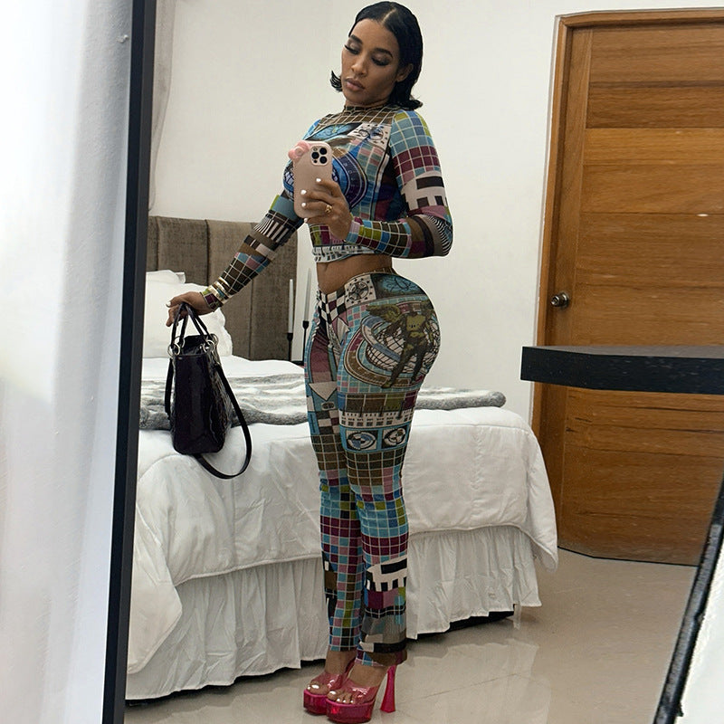 Autumn street trend Tight Fitting print Crop long sleeve top trousers two piece set