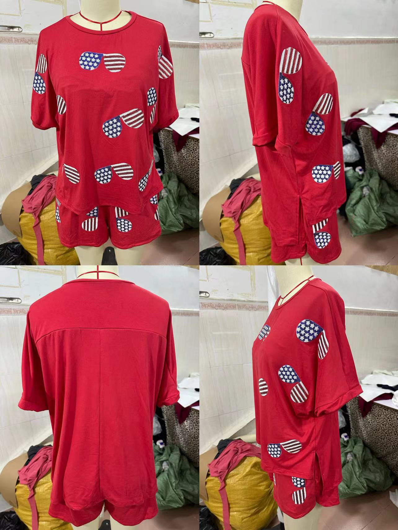 Summer Women's Sequined Short-Sleeved Tops Shorts Two-Piece Sets 19