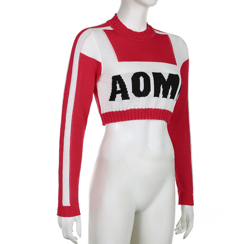 Women Patchwork Contrast Letter Half-High Neck Long Sleeve Crop Sweater 7