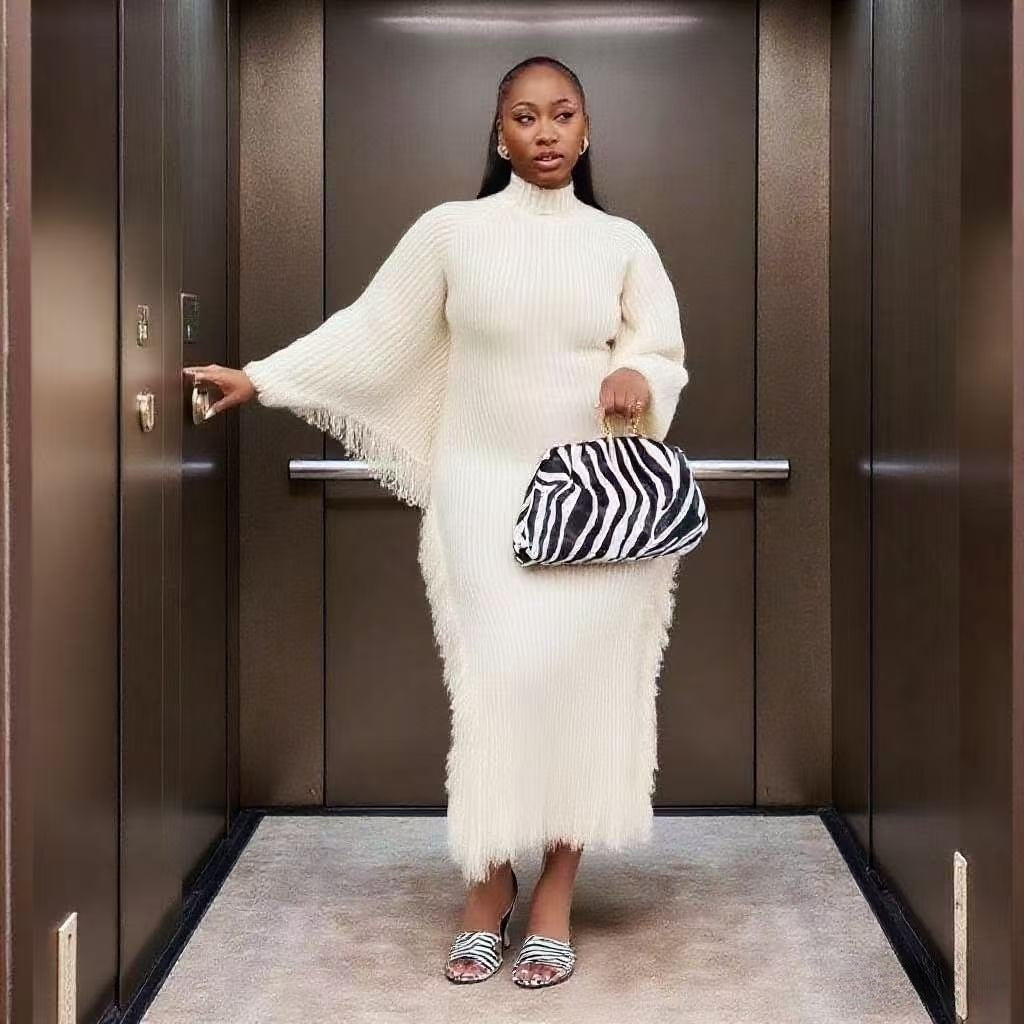 Crochet Fringe Solid Color Round Neck Bat Sleeve Long Knit Dress 11