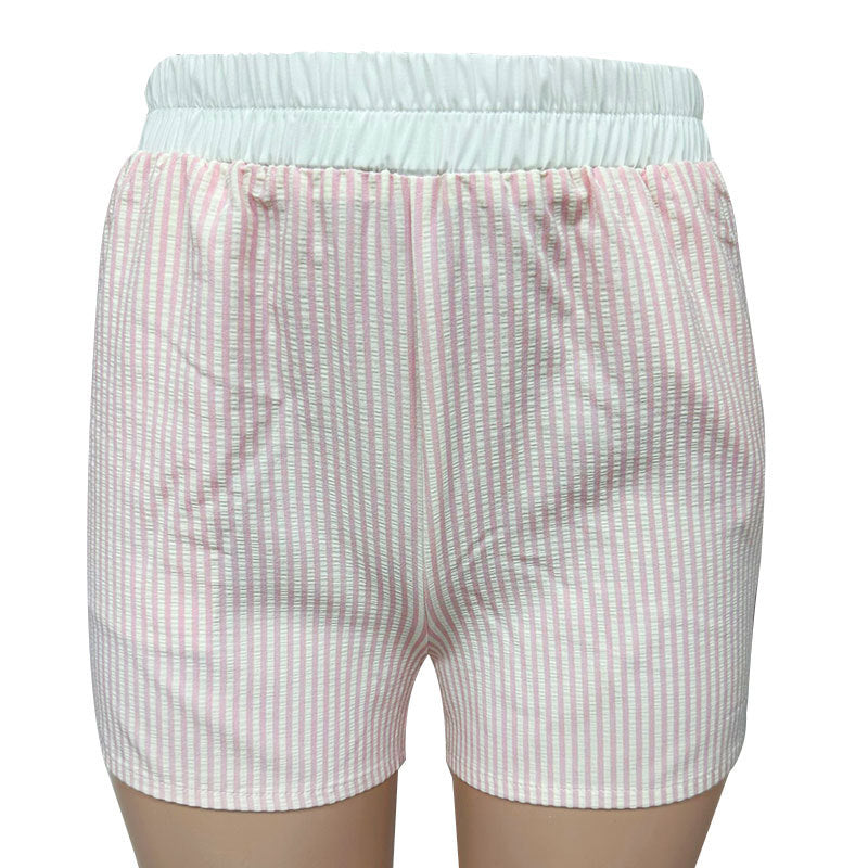 Summer Turndown Collar Long Sleeve Striped Shirt Elastic Waist Shorts Two-Piece Set 20