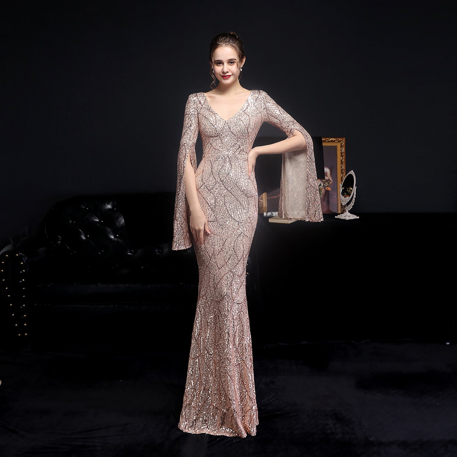 Autumn occasional sheer sequin V-Neck mermaid evening dress 9