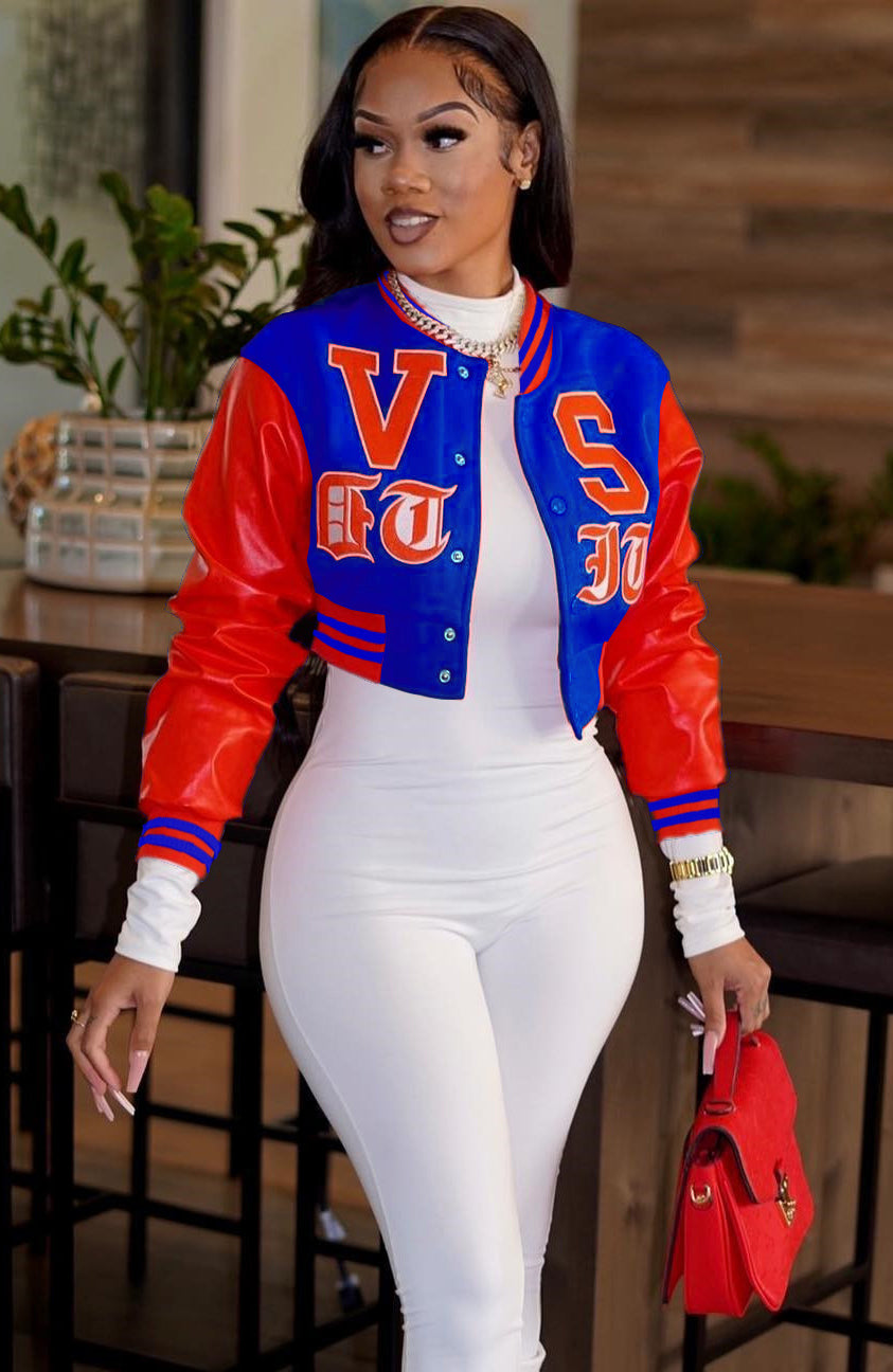 Women's sexy Crop Round Neck loose bomber jacket 5