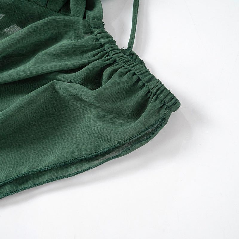 Women Summer Solid Casual Mesh Long Sleeve Lace-Up Backless Mini Dress 26