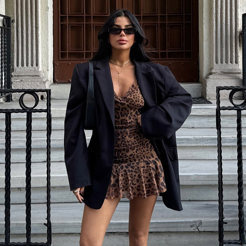 Women's summer mesh leopard print sexy v-neck Slim Waist ruffled strap short dress 5