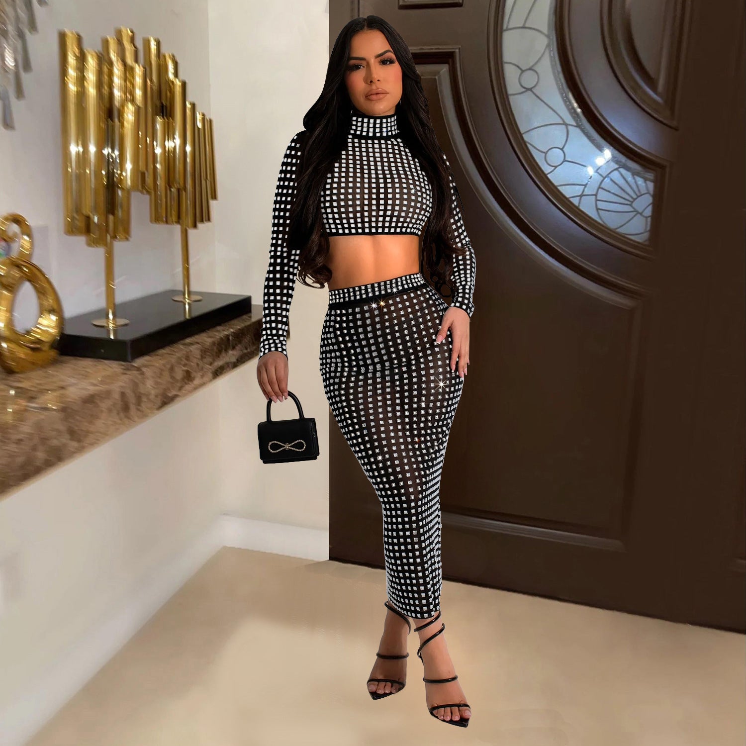 Women Solid Beaded Mesh Top and Pants Two-piece Set 5