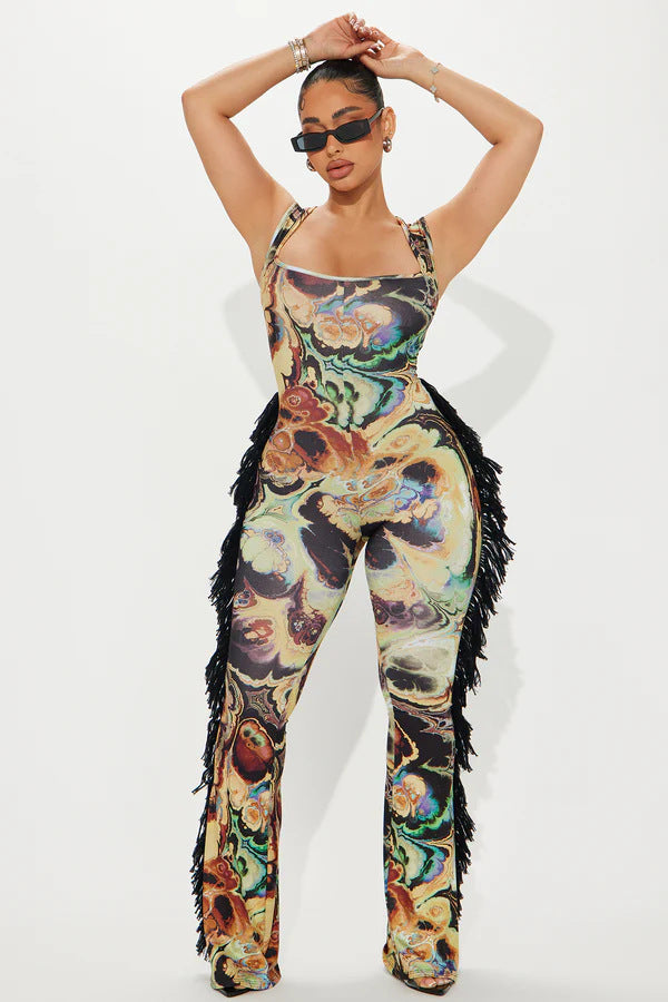 Women spring Summer sexy sling tassel lace print Jumpsuit 3