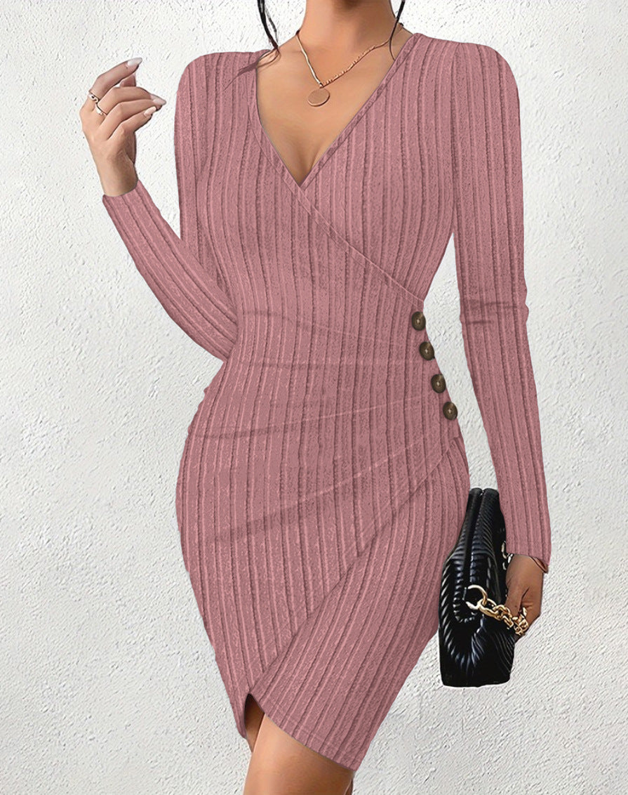 Women Solid V Neck Bodycon Sexy Long Sleeve Dress 15