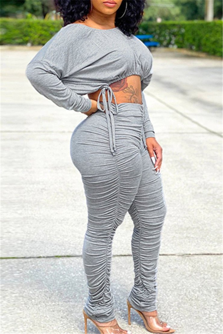 Women's Autumn And Winter Fashion Casual Sports Round Neck Pleated Drawstring Long-Sleeved Two Piece Trousers Set 9