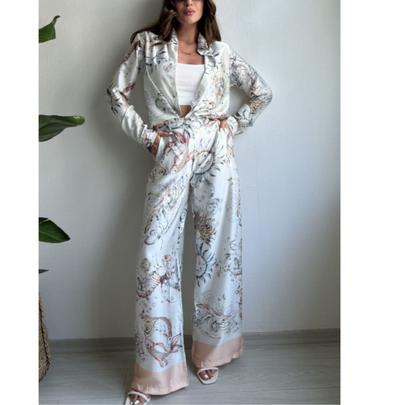 Women Spring/Summer Print Long Sleeve Top and Wide Leg Pants Two-piece Set 6