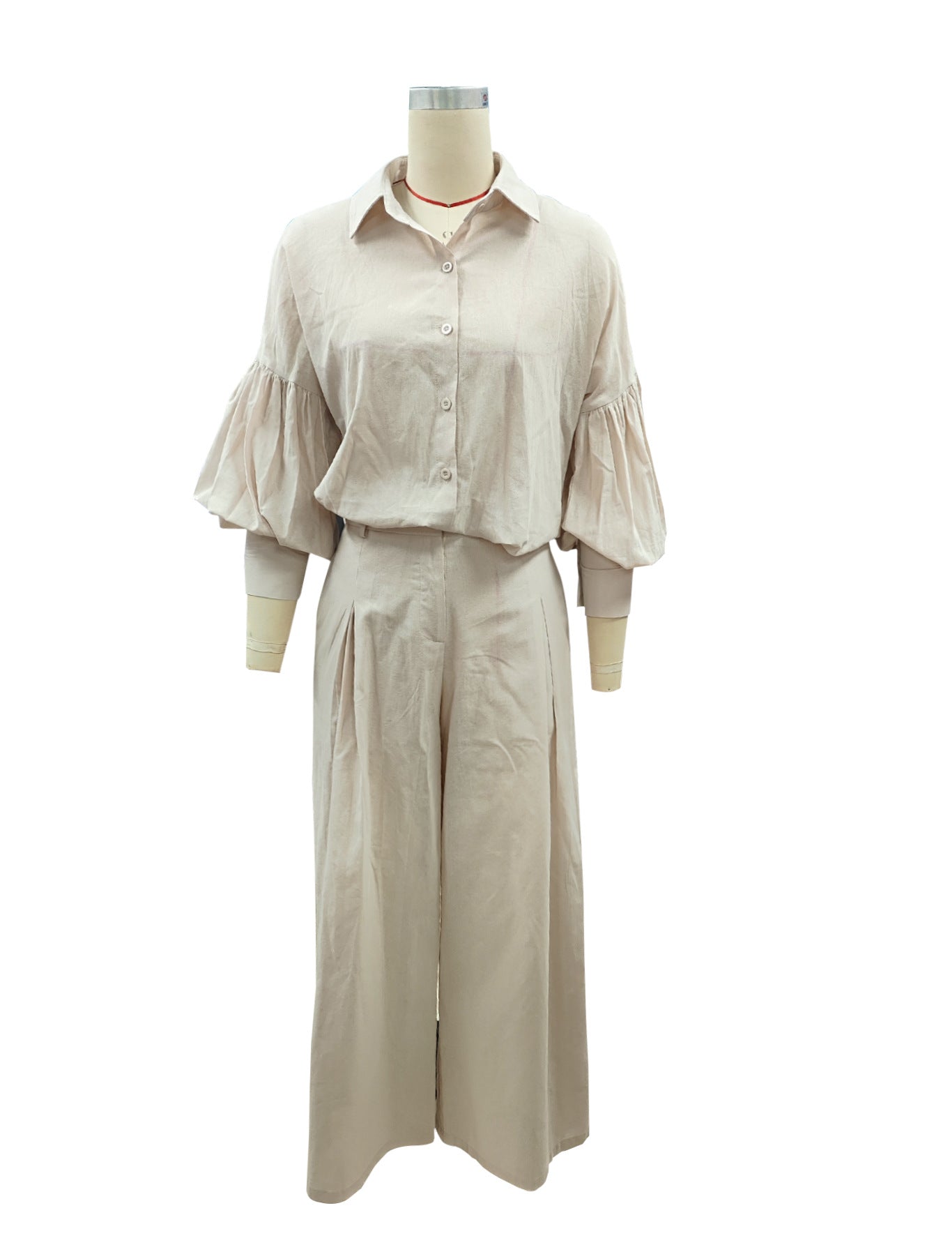 Autumn Solid Long-Sleeve Shirt & Wide-Leg Pants Linen Two-Piece Set 14