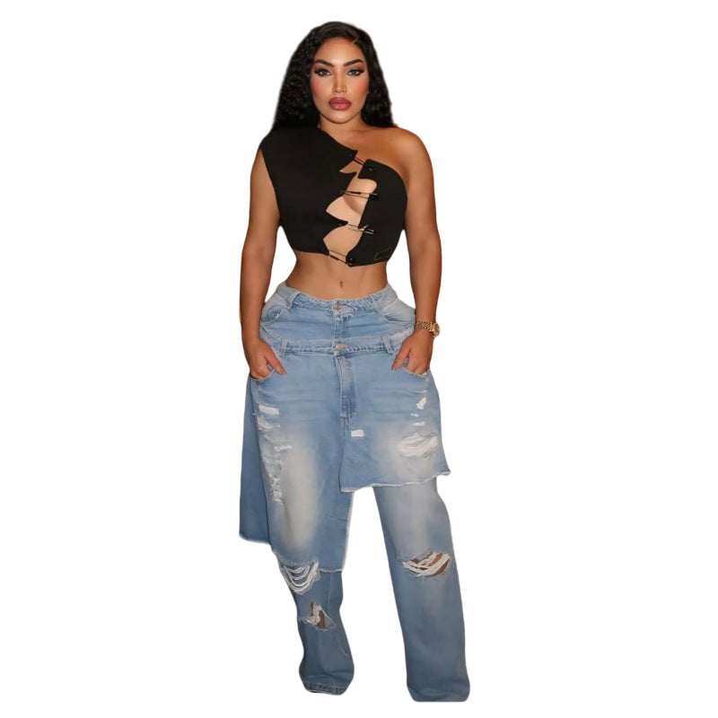 Women Casual Fashion Stretchy Apron Denim Ripped Pant 4