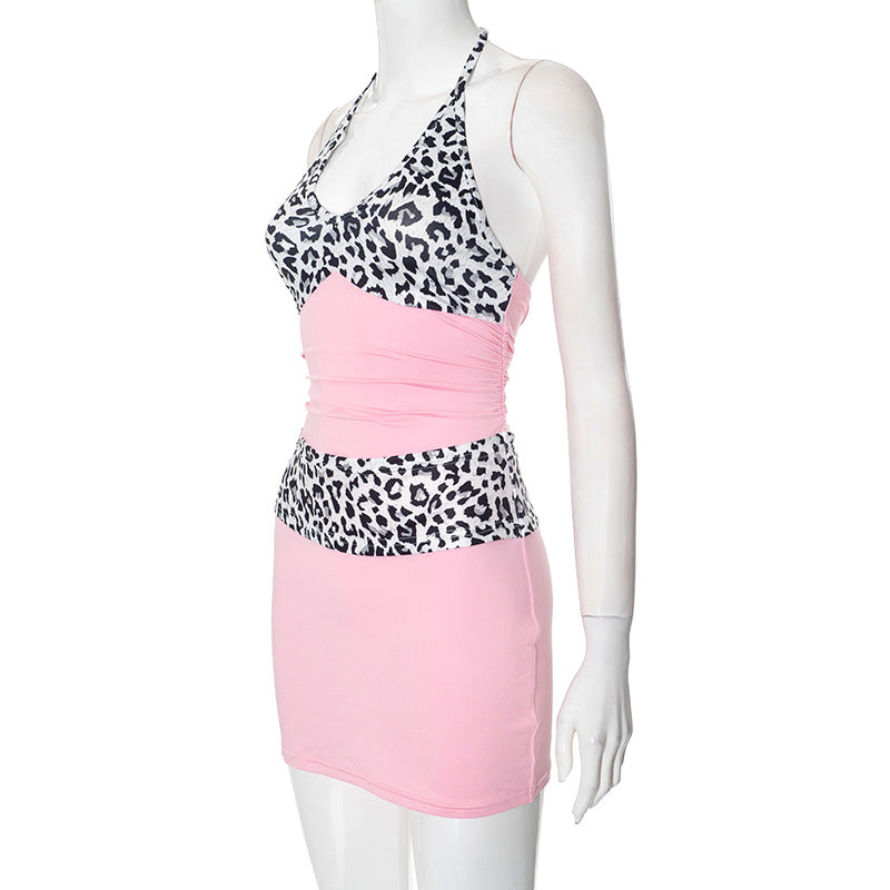 Women's Halter Deep V Neck Leopard Print Patchwork Mini Dress 7