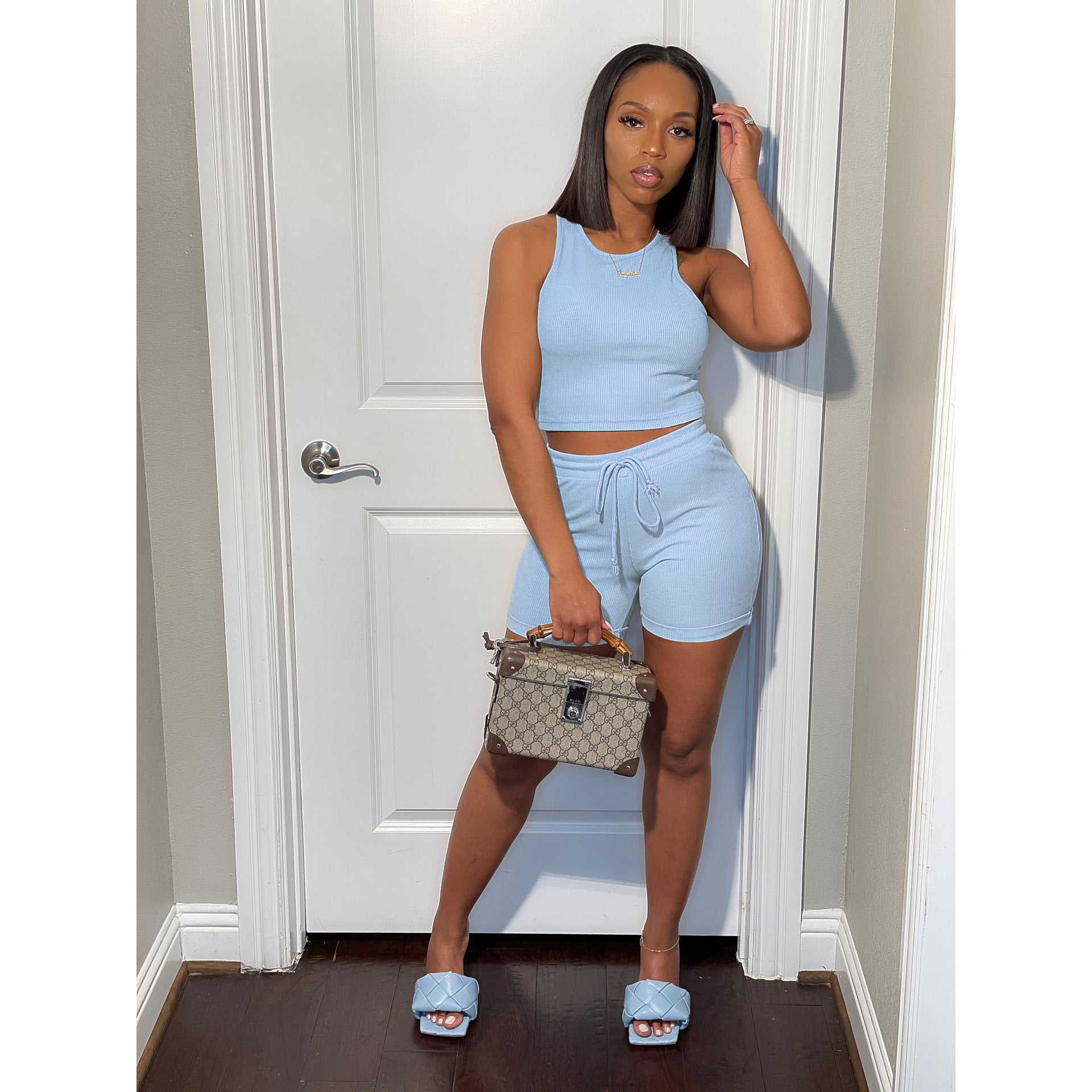 Summer Women's Casual Ribbed Vest & Drawstring Shorts Sports Two-Piece Set 6