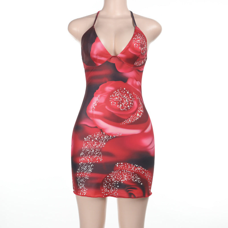 Sexy Low Back Lace-Up Slim Waist V-Neck Flower Print Strap Bodycon Dress 6