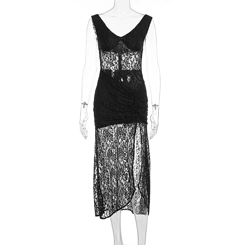 Women's Summer Sexy Lace Hollow-Patchwork Straps Slim Split Dress 10