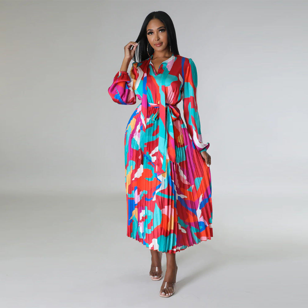 Women's Tie Long Sleeve Printed Pleated Dress 42