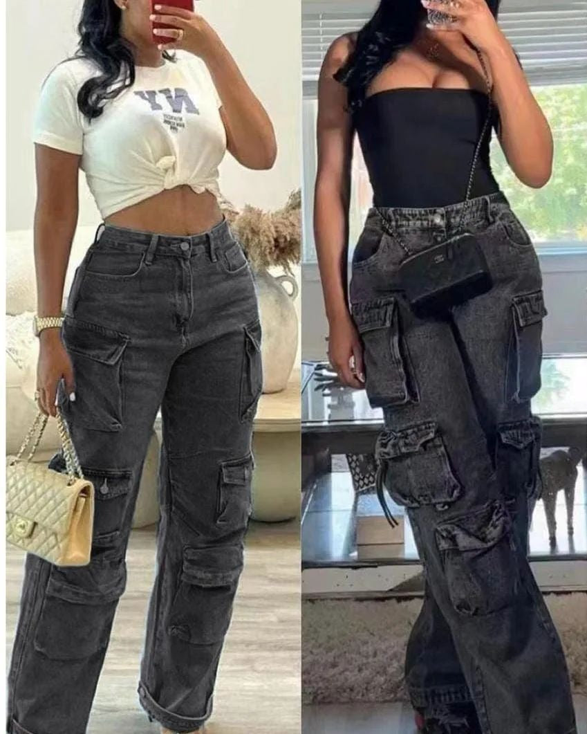 Women's Fashion Loose Straight Leg Washed Multi-Pocket Fashion Street Denim Pants
