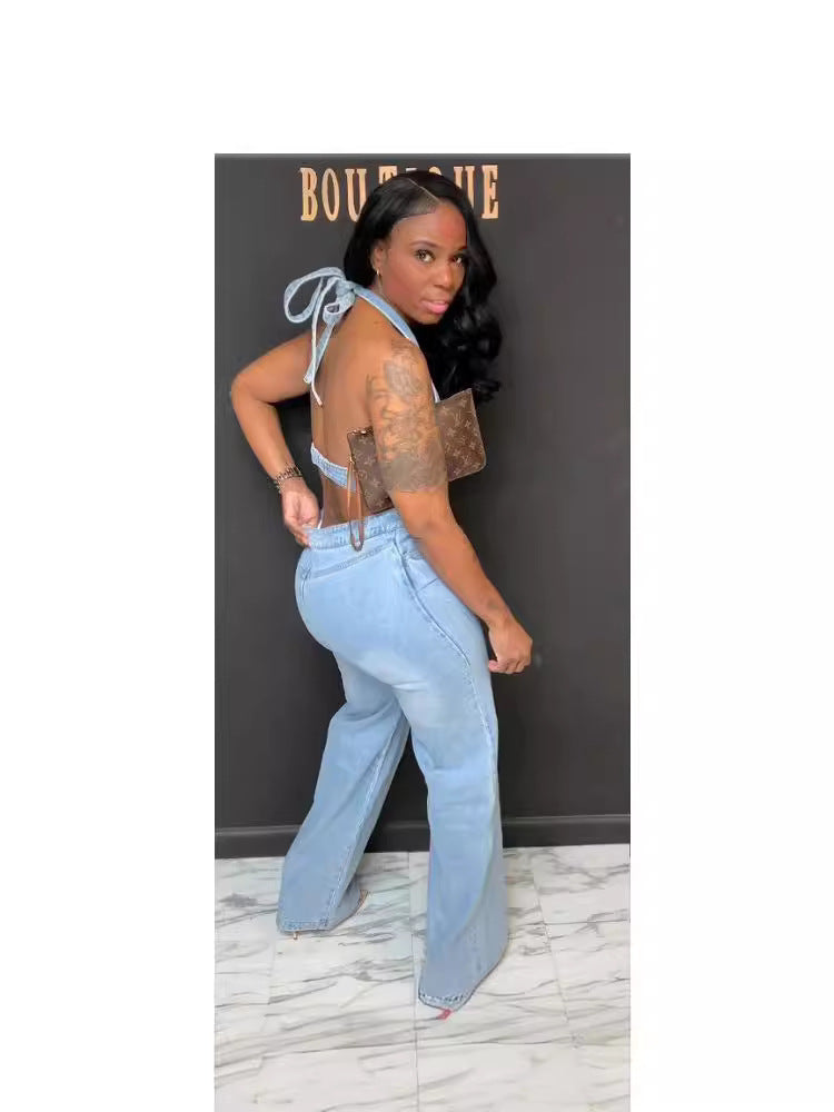 Women's Halter Neck One-Piece Overall Denim Pants 3