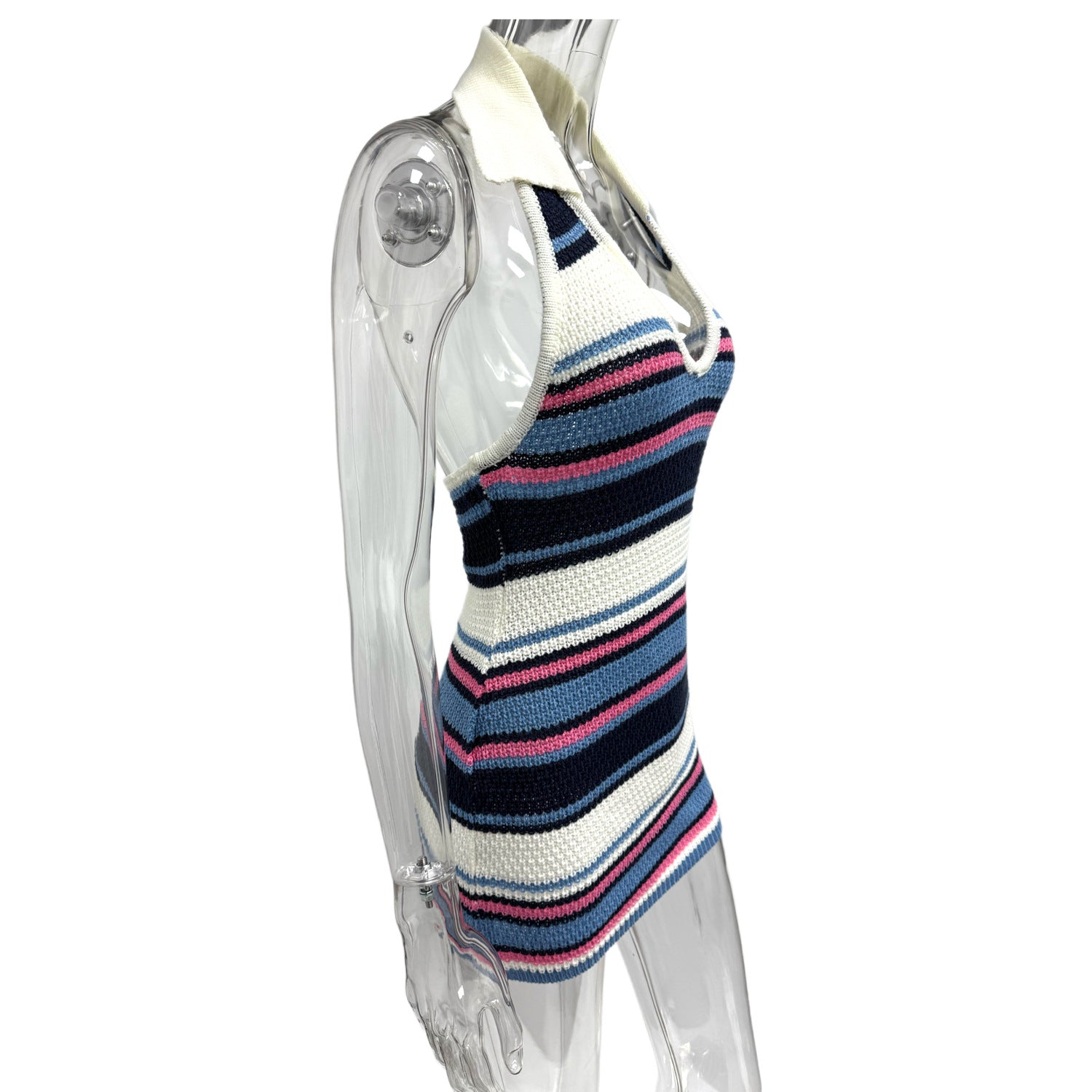 Summer Women's Striped Sexy V-Neck Halter Neck Knitted Bodycon Dress 14