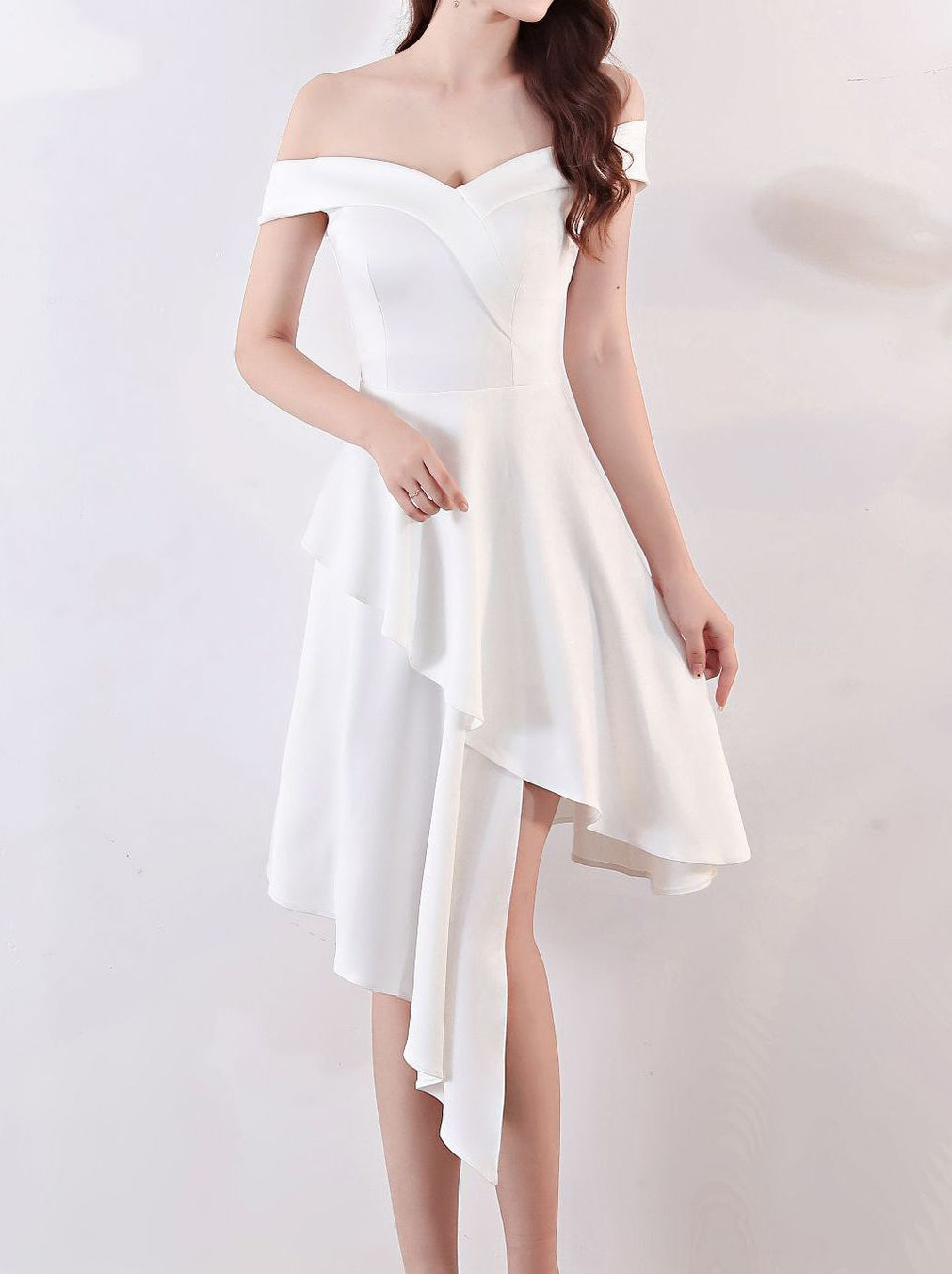 Evening Dress Winter Short Formal Party Dress Women'S Fashion Off Shoulder Solid Irregular Bridesmaid Dress