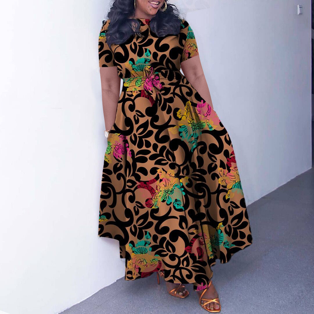 Women's Fashion Chic Tie-Waist African Plus Size Short Sleeve A-Line Dress 4