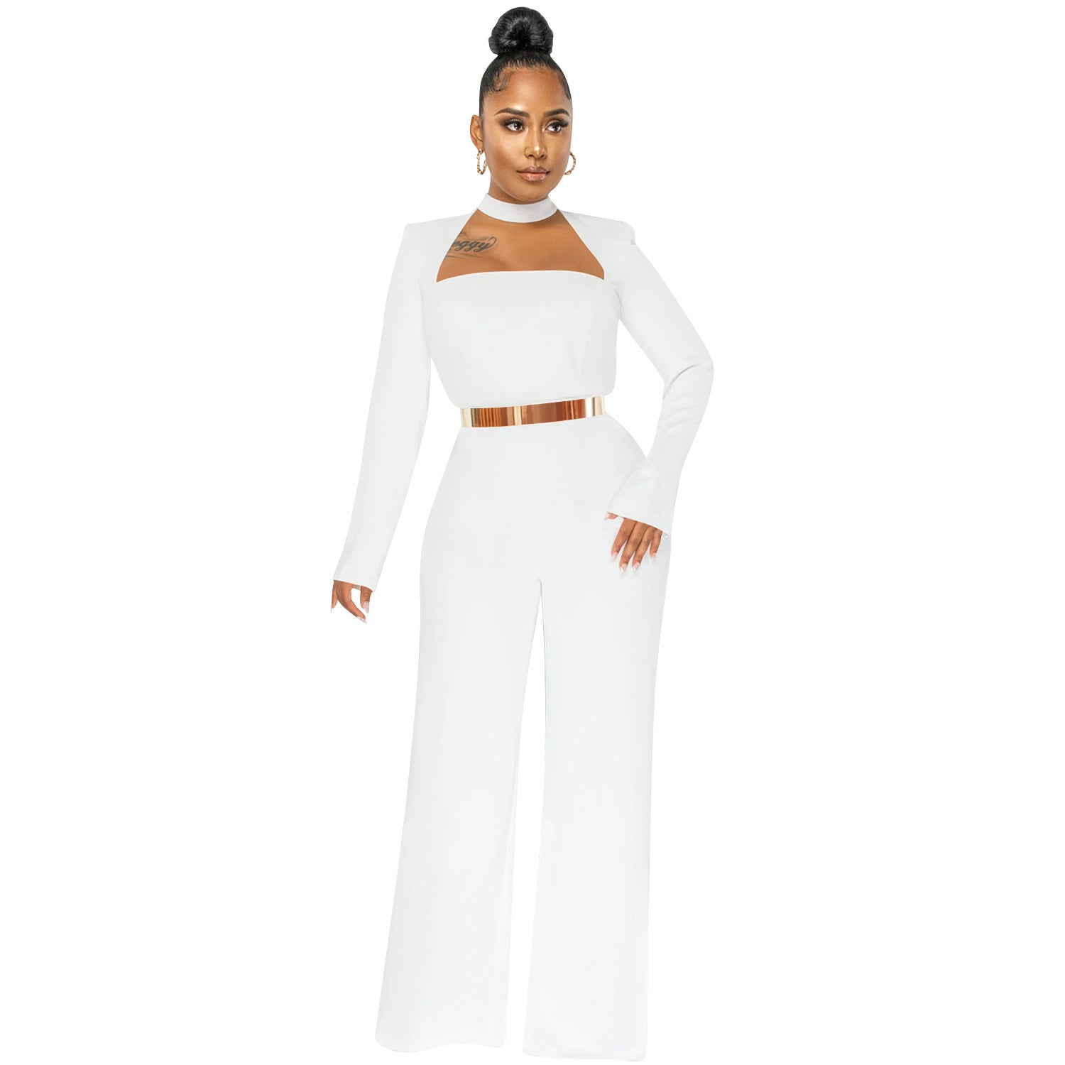 Women Fashion Solid Color Long Sleeve Wide Leg Pants Jumpsuit 4