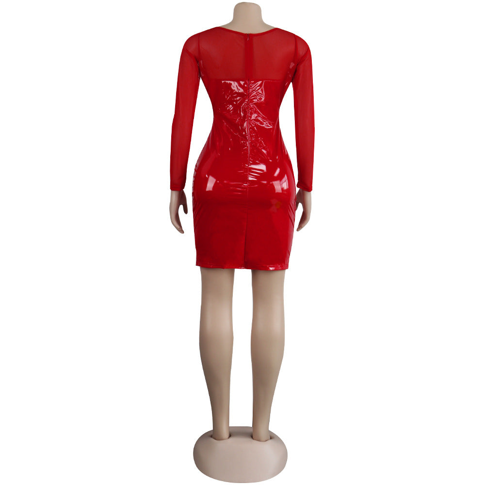 Sexy Women's Solid Color Mesh Leather Patchwork Hollow Long Sleeve Party Dress 17