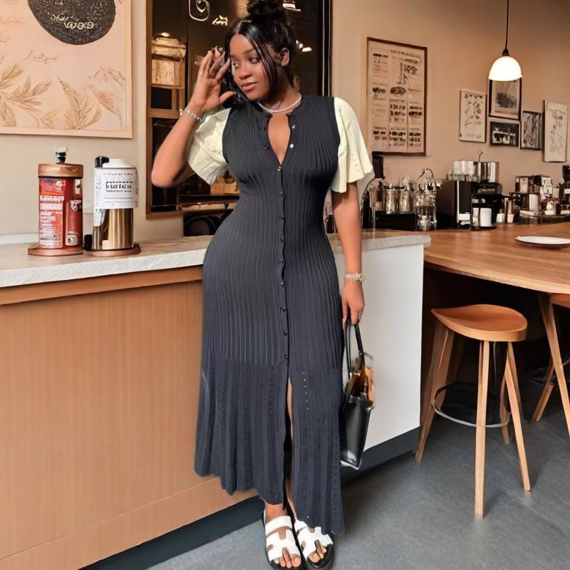 Women Bell Bottom Sleeve Knitting Round Neck Dress