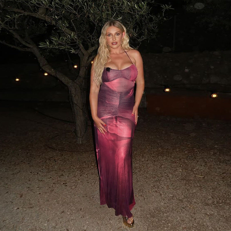 Women Spring Mesh Print See-Through Gathered Lace-Up Backless Bodycon Dress 6