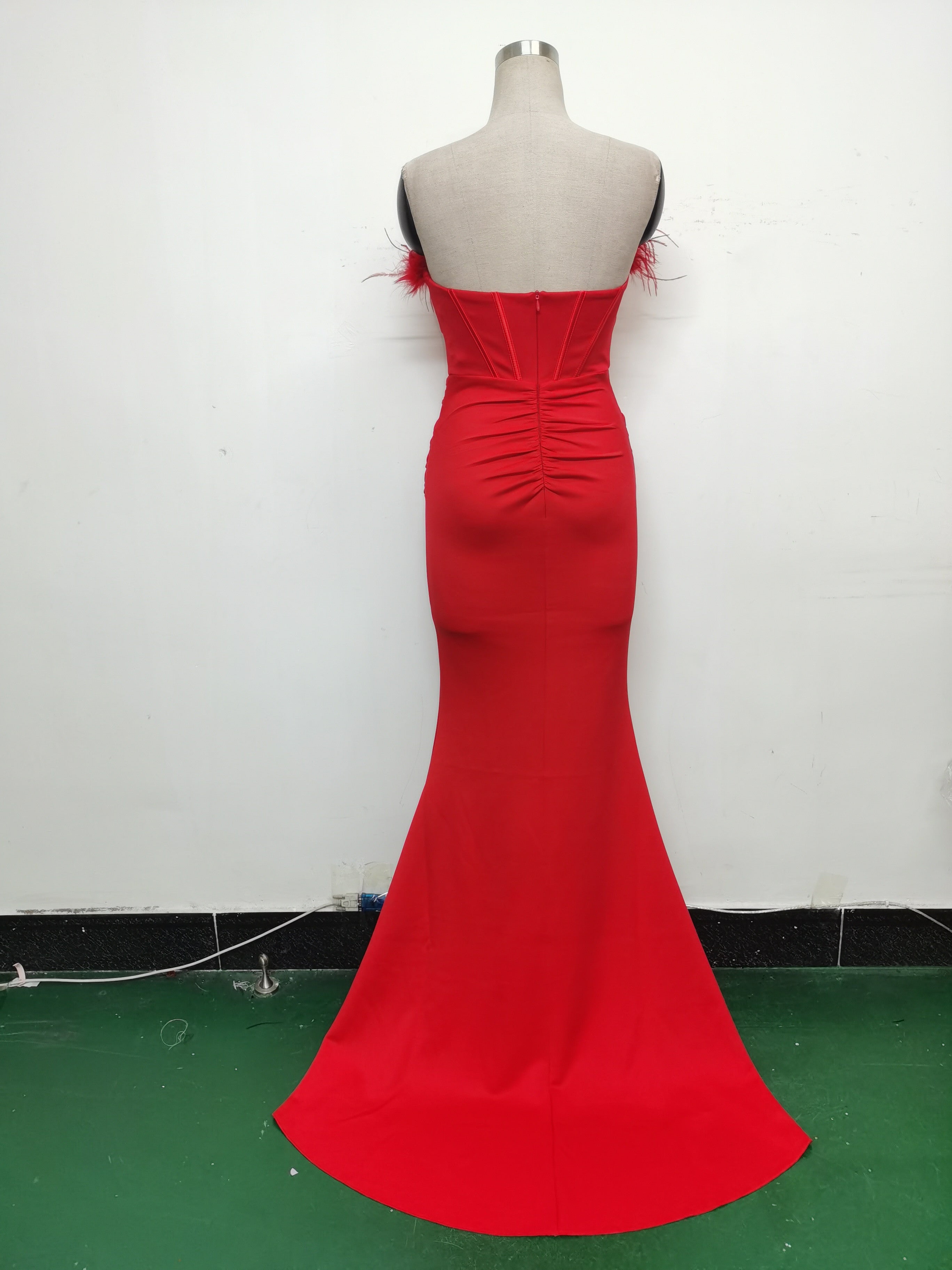 Feather Strapless Herringbone Slim Waist Solid Color Slit Evening Dress 17