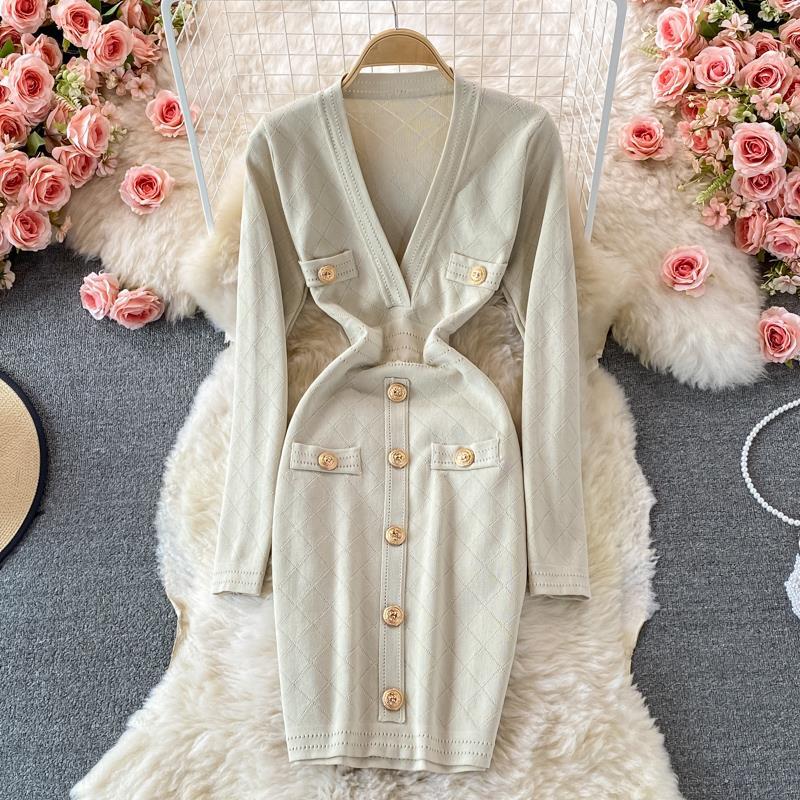 Autumn And Winter Women's V-Neck Long-Sleeved Sweater Dress Slim Fit Bodycon Knitting Dress 13