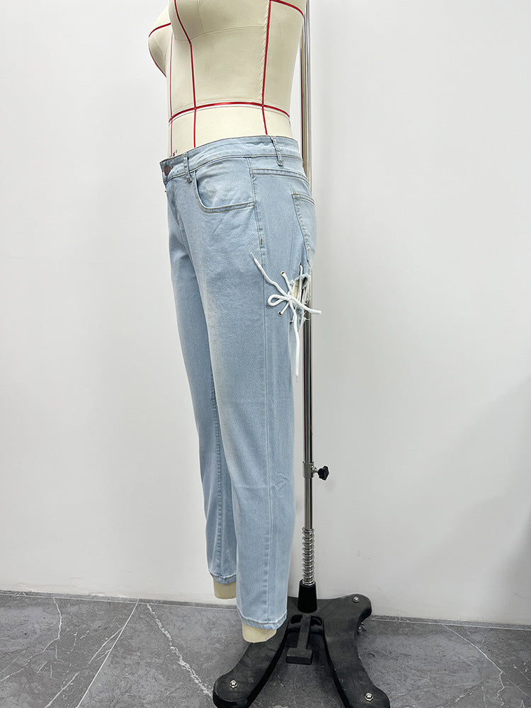 Women's Pants Sexy Baggy Plus Size Pants Casual Butt Hole Lace-Up Denim Pants 8