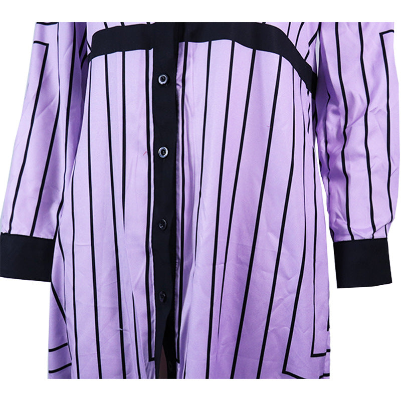 Women Spring Turndown Collar Long Sleeve Striped Dress 6