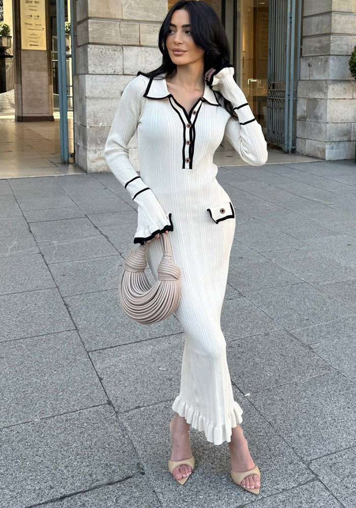Winter Turndown Collar Knitting Dress Women Long Sleeve Fashion Chic Slim Waist Sweater Dress