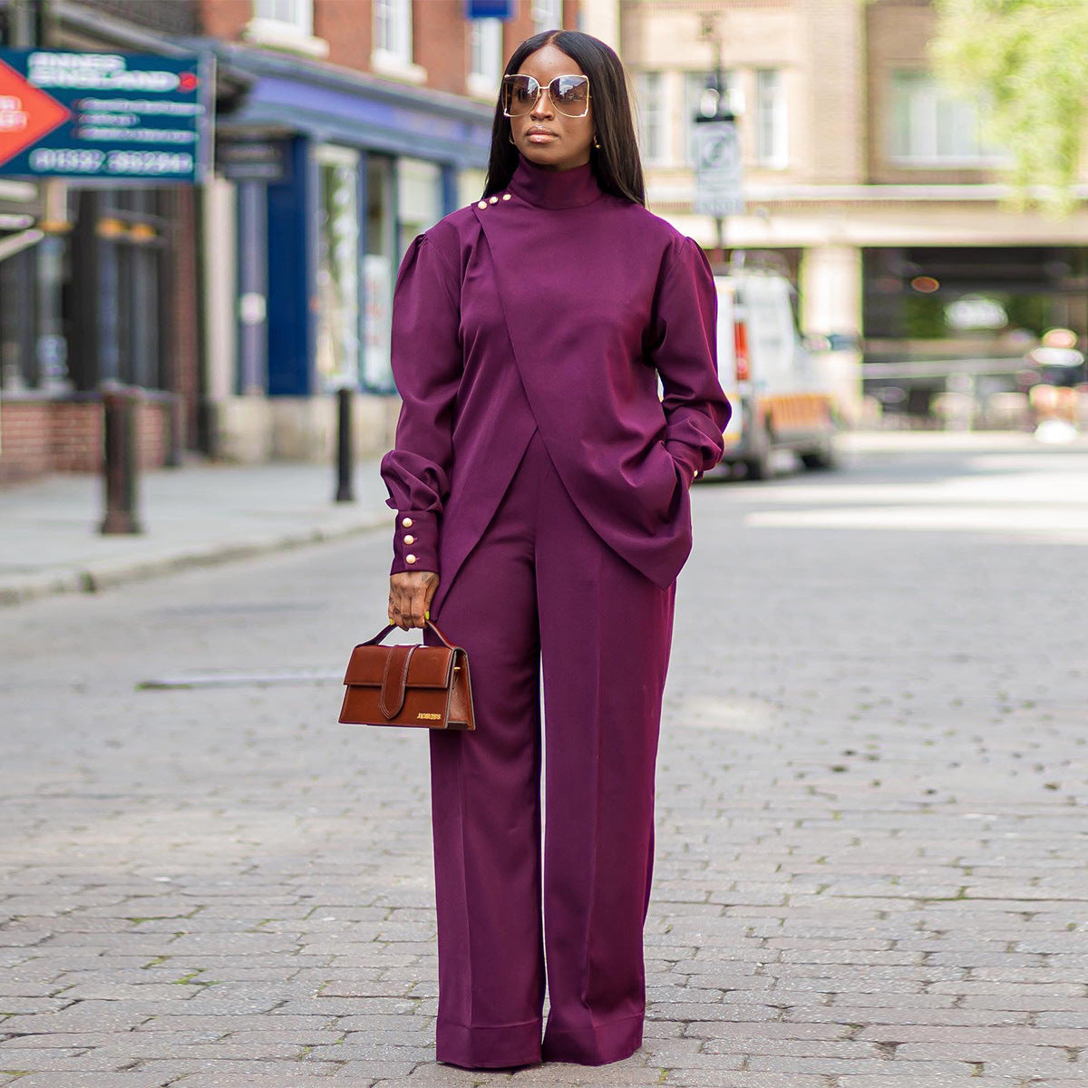 Women Turtleneck Irregular Slit Long Sleeves Top and Pant Casual Two-Piece Set 5