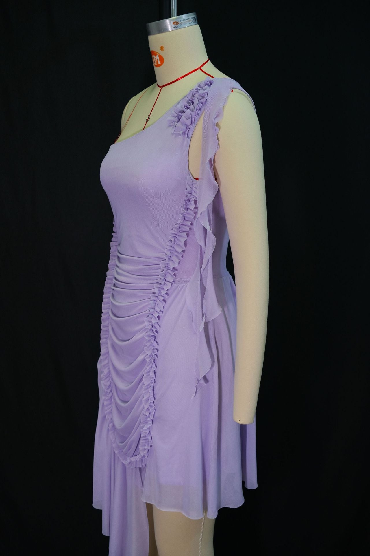 Women's Autumn Fashion One Shoulder Ruffle Hem Asymmetrical Solid Color Dress 10