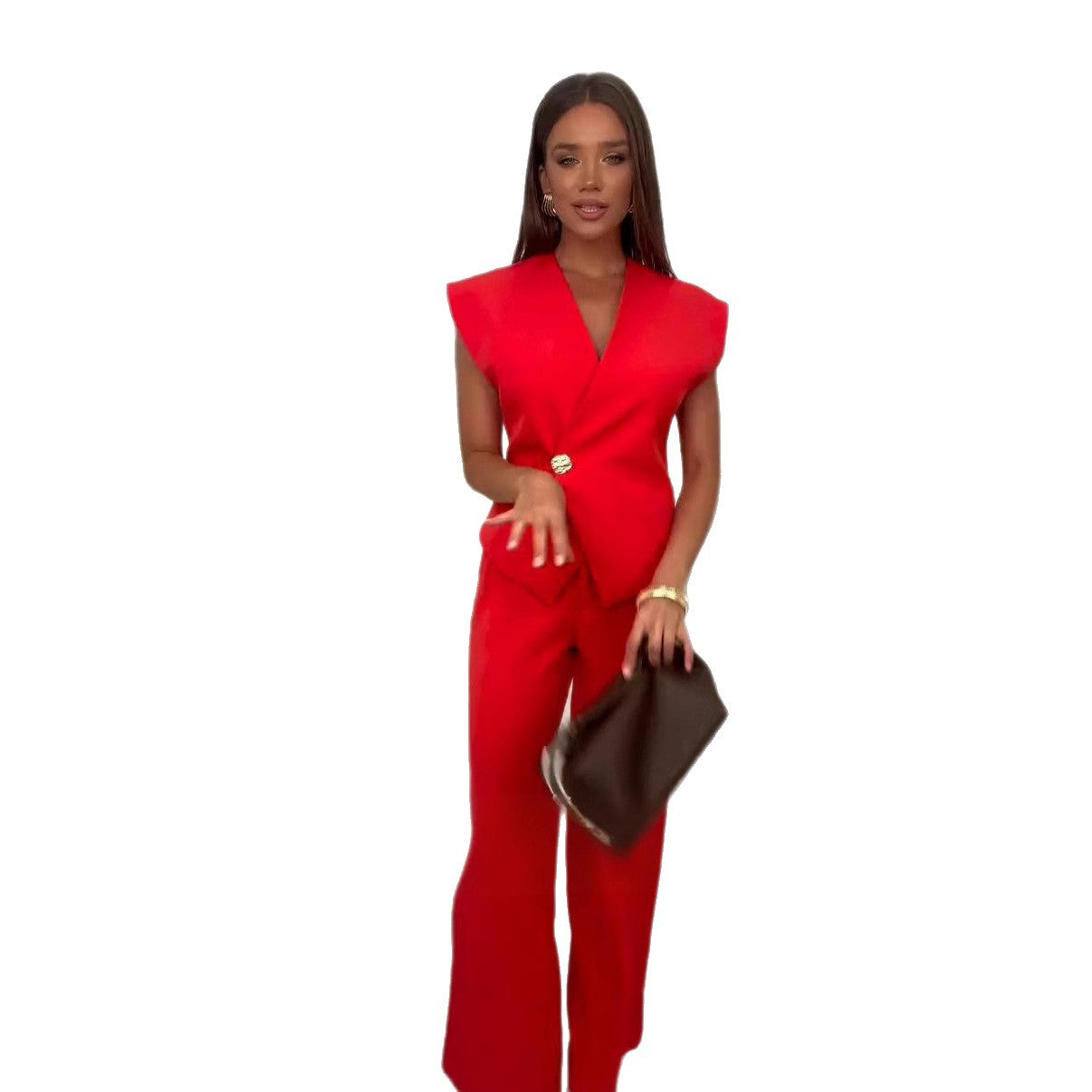 Women summer button Solid Top and wide-leg pants Career two-piece set 6