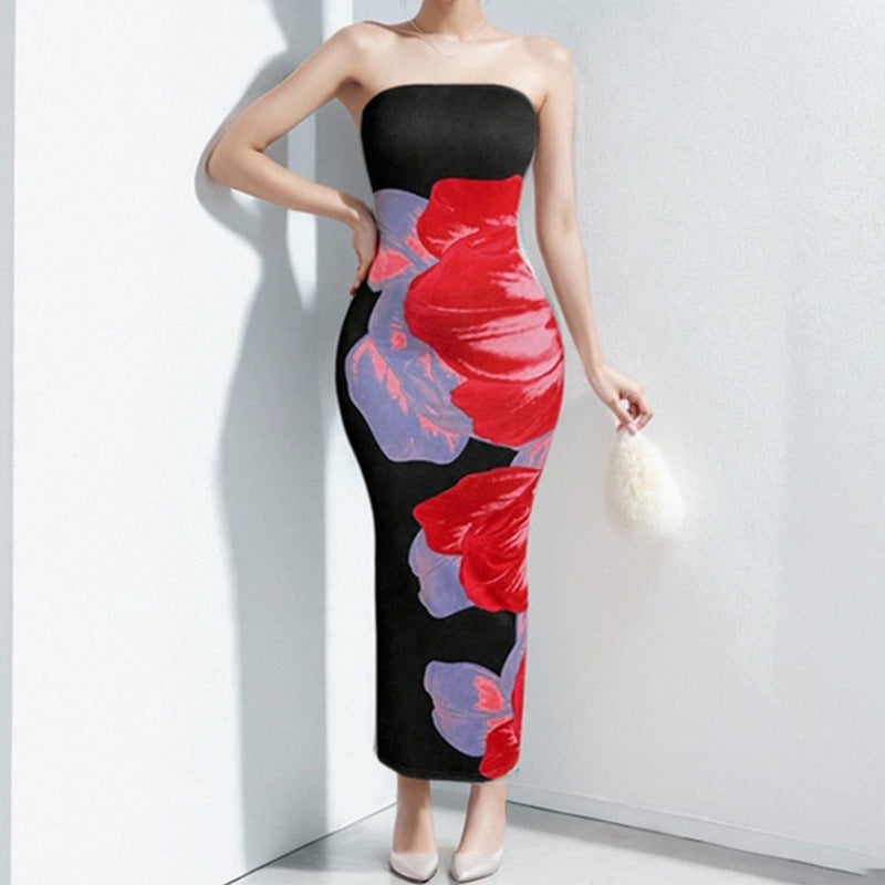 Women Spring elegant floral Strapless print Maxi Dress