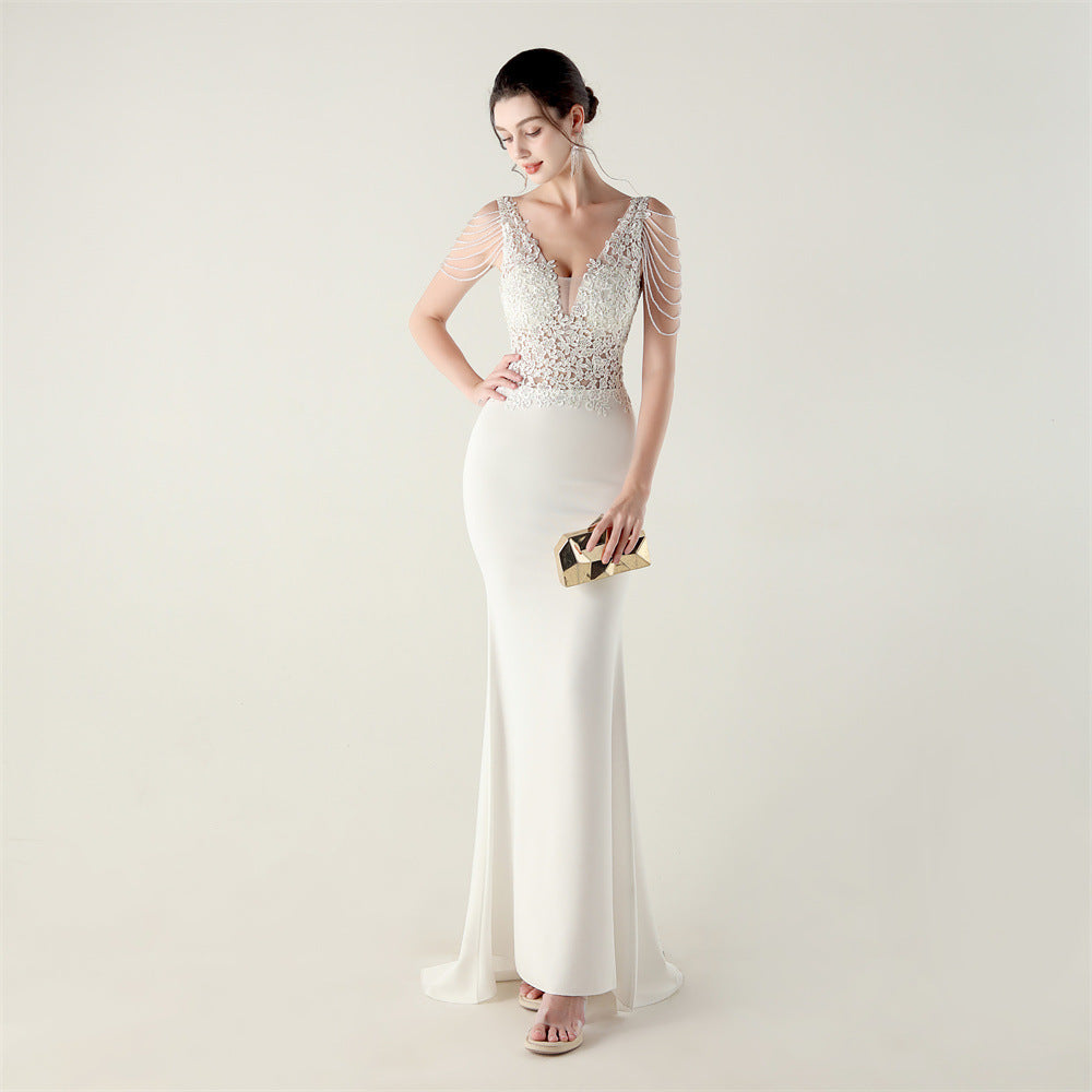 Beaded Lace Fishtail Evening Dress Wedding Formal Party Gown 11
