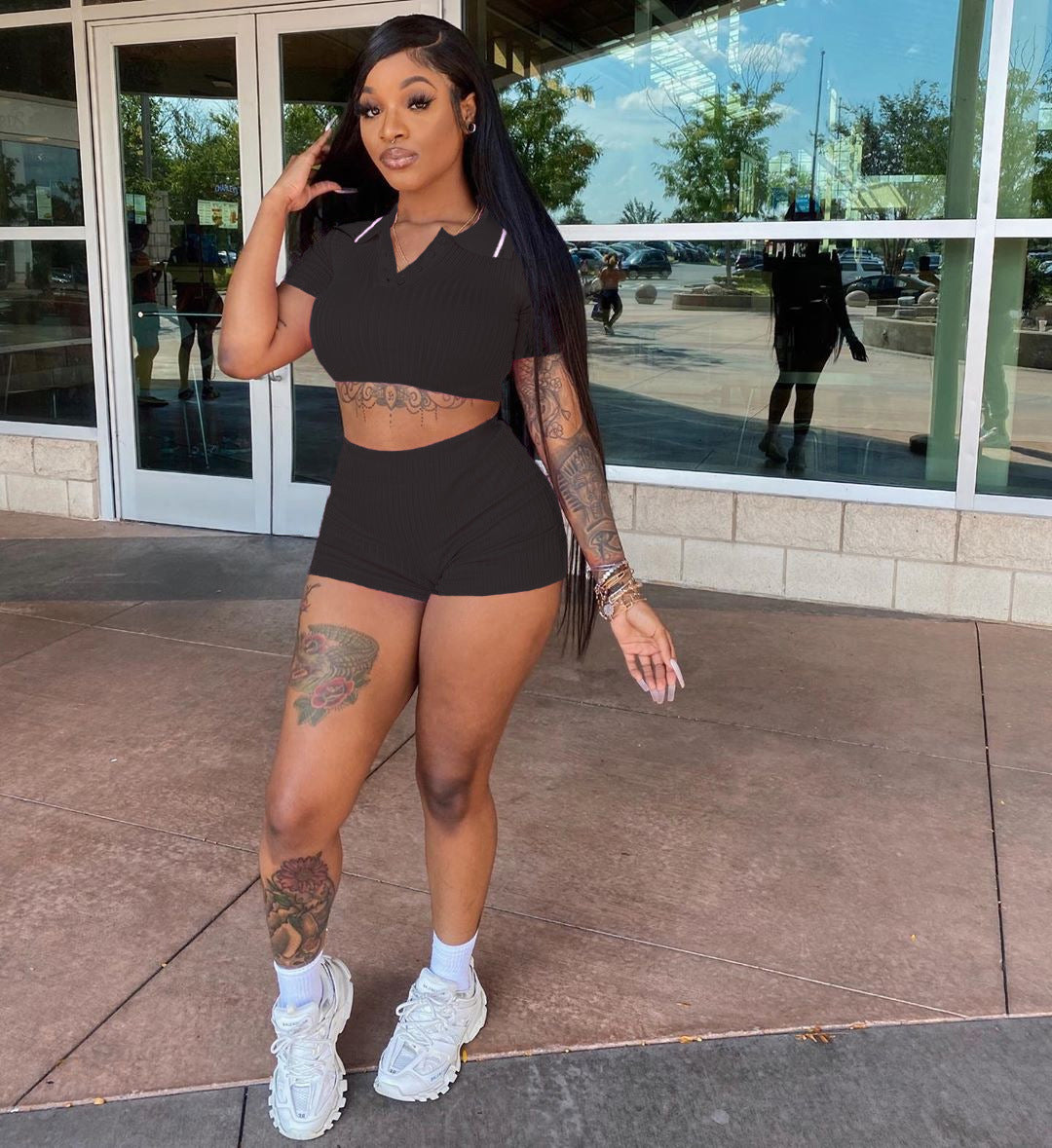 Women's Sports Casual Cropped Top Shorts Solid Color Two-piece Set