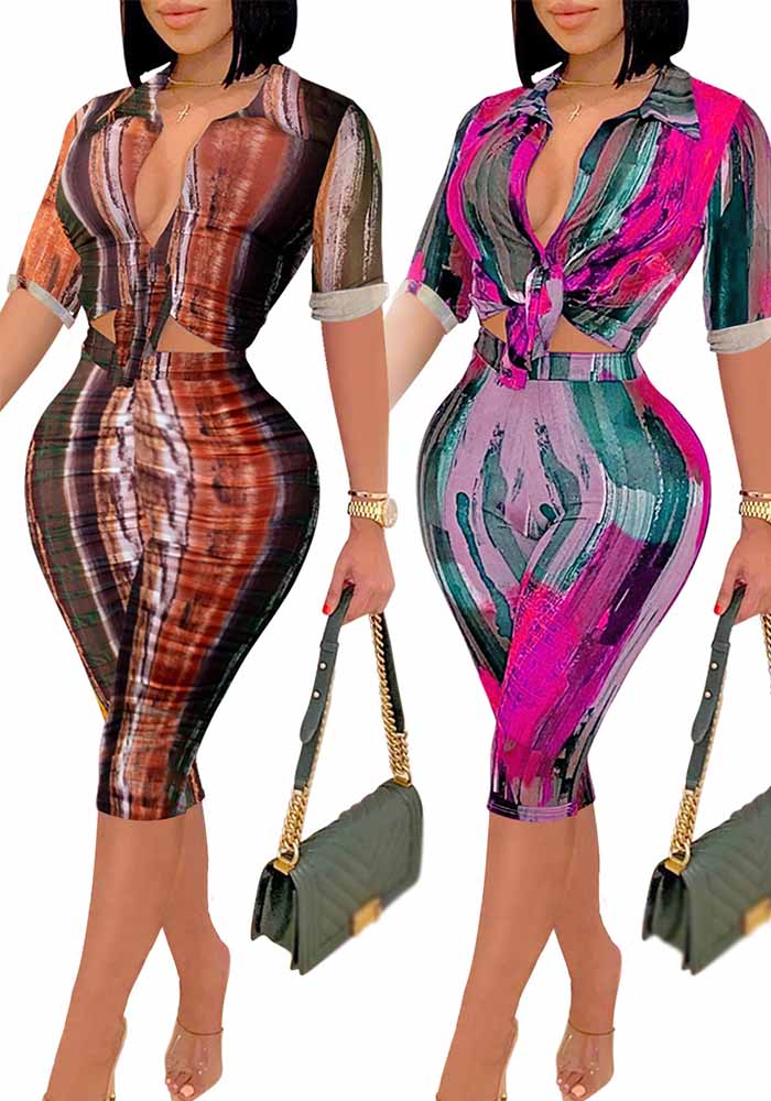 Casual Printed V-Neck Short-Sleeve Shirt Mid-Length Shorts Two-Piece Set