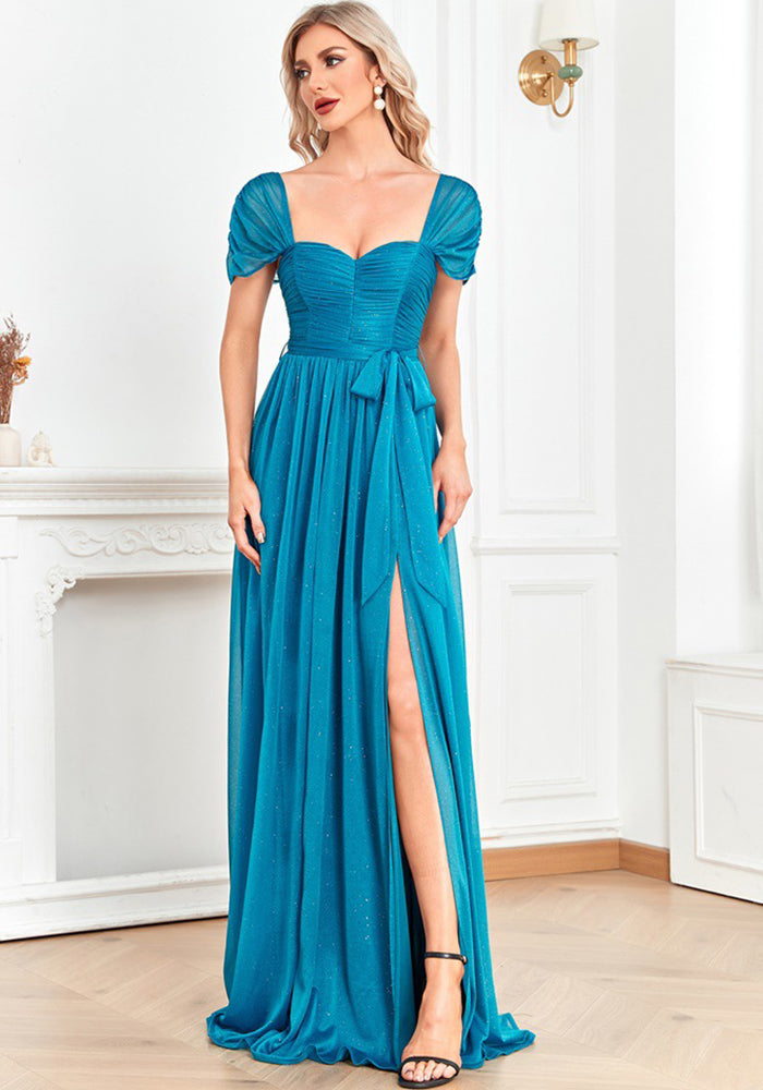 Women short sleeve square neck formal party bridesmaid dress evening dress