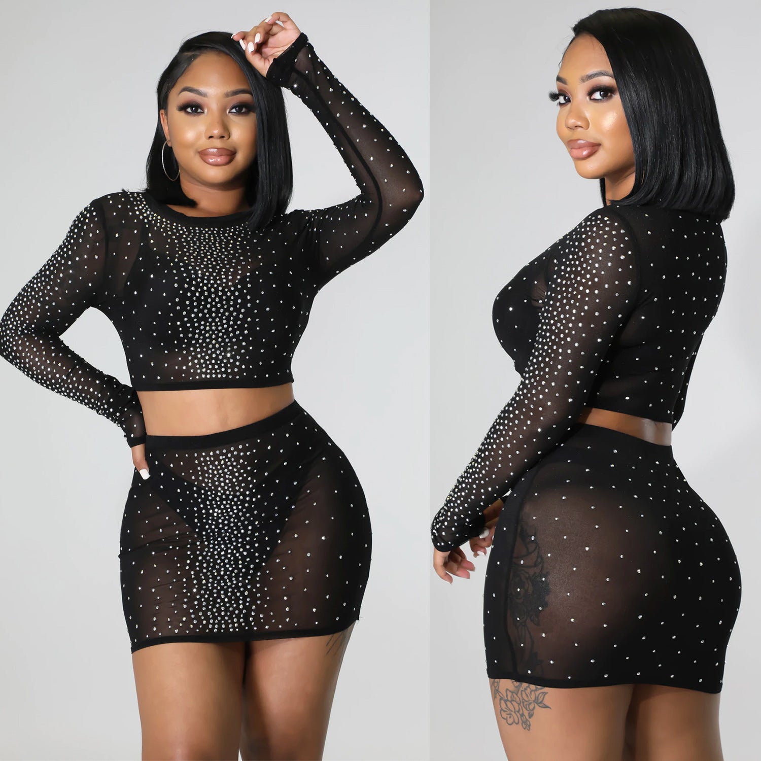 Summer Women Sexy Mesh Beaded See-Through Long Sleeve Top and Mini Skirt Two-Piece Set