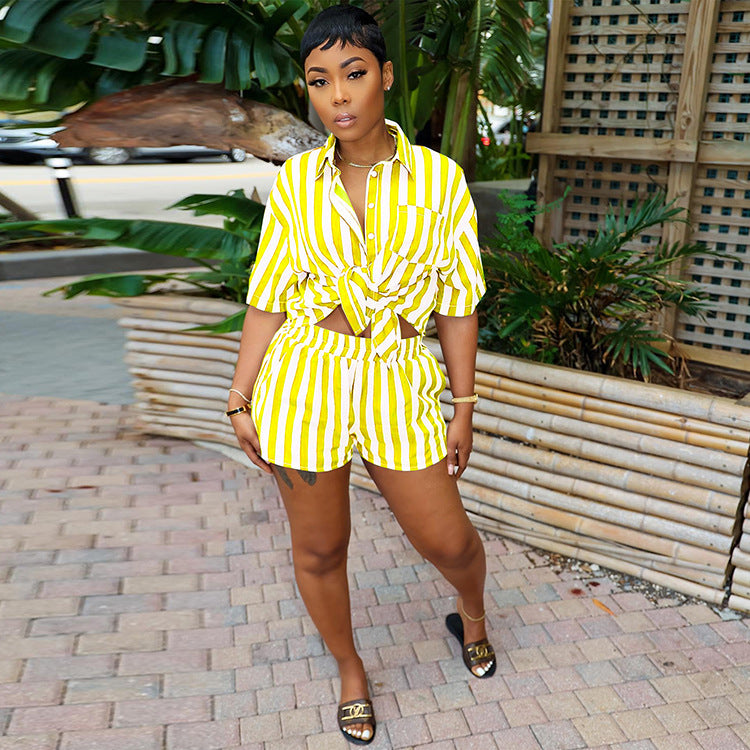 Women's Summer Fashion Stripe Print Set Loose Blouse Two Piece Set 3