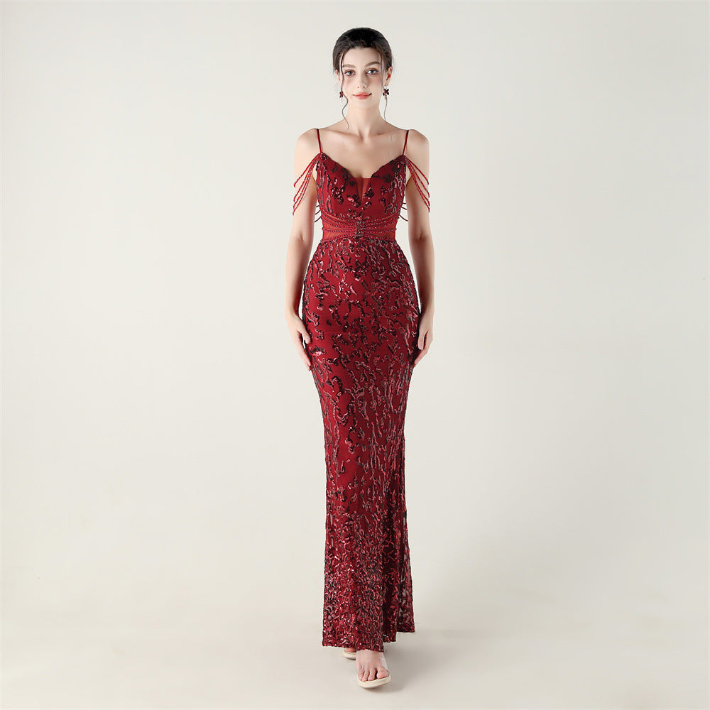 Beaded Sequin Fishtail Evening Dress Wedding Formal Party Gown 5