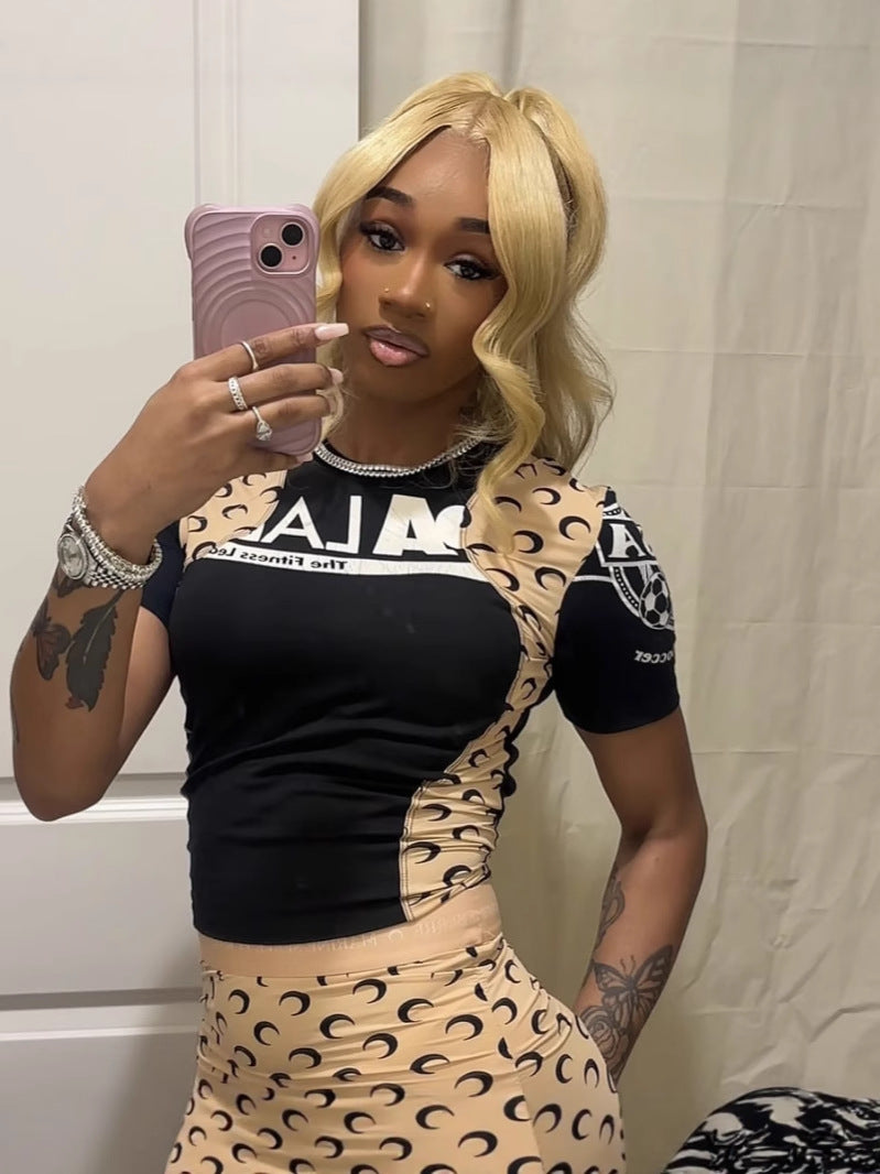 Color-Blocked Short-Sleeved Women's Printed Two-Piece Shorts Set 3