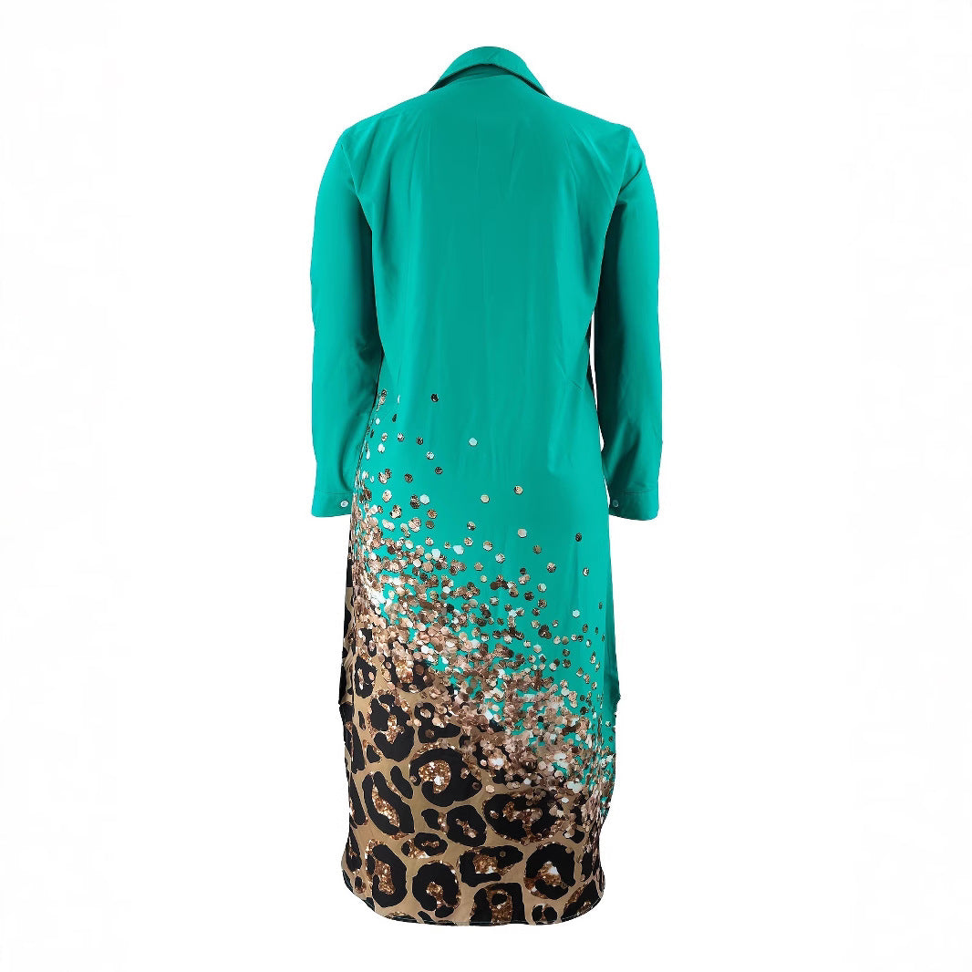 Plus Size Women Turndown Collar Shirt Contrast Dress 3