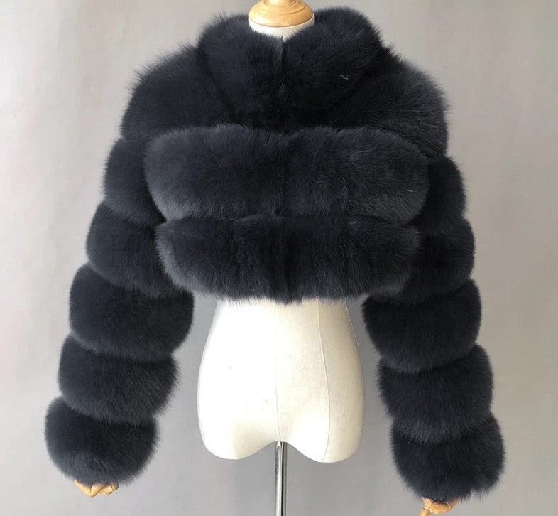 Cropped Coat Fashionable Faux Fur Coat Women Stand Collar Long Sleeves 32