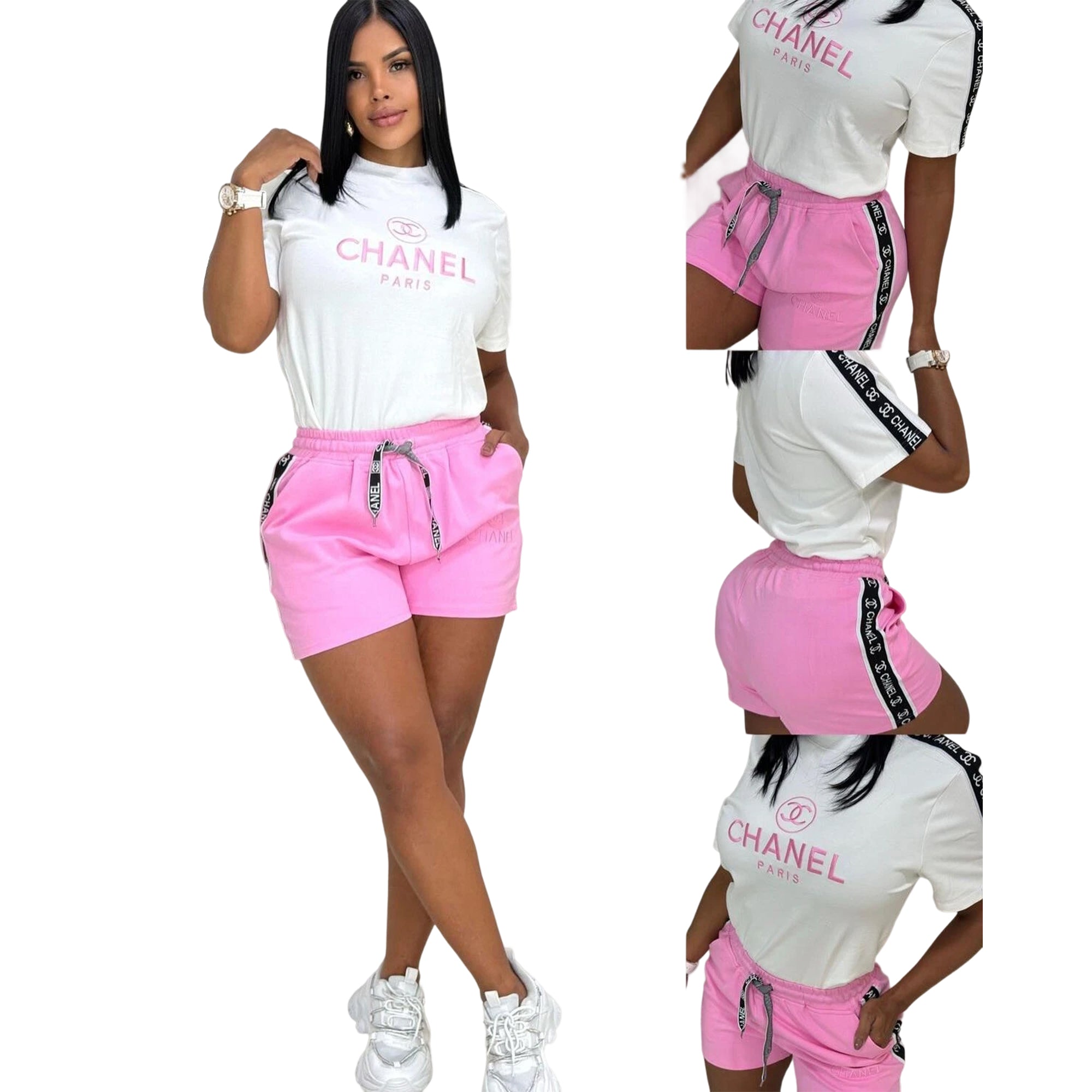 Fashionable Casual Embroidered Round Neck Top & Wide-Waist Ribbon Shorts Set 9